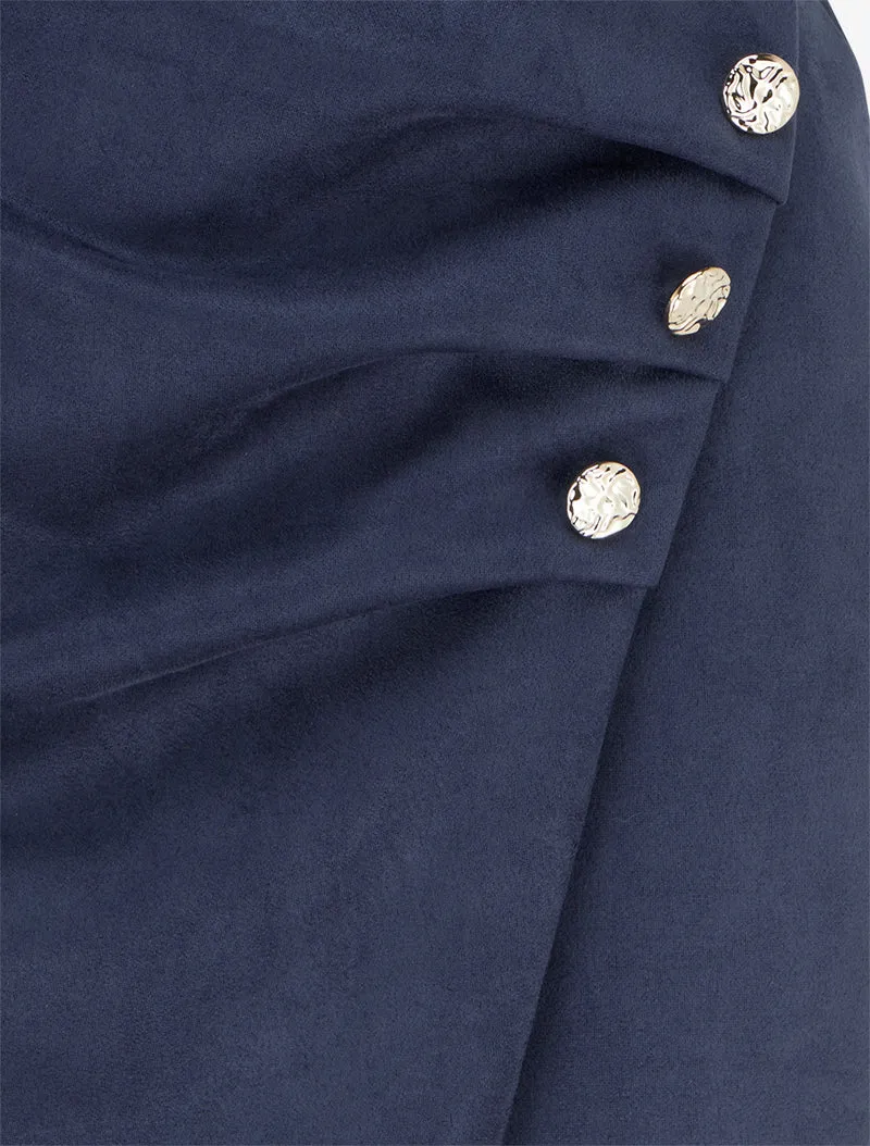 Jupe style portefeuille en suédine à boutons - Marine