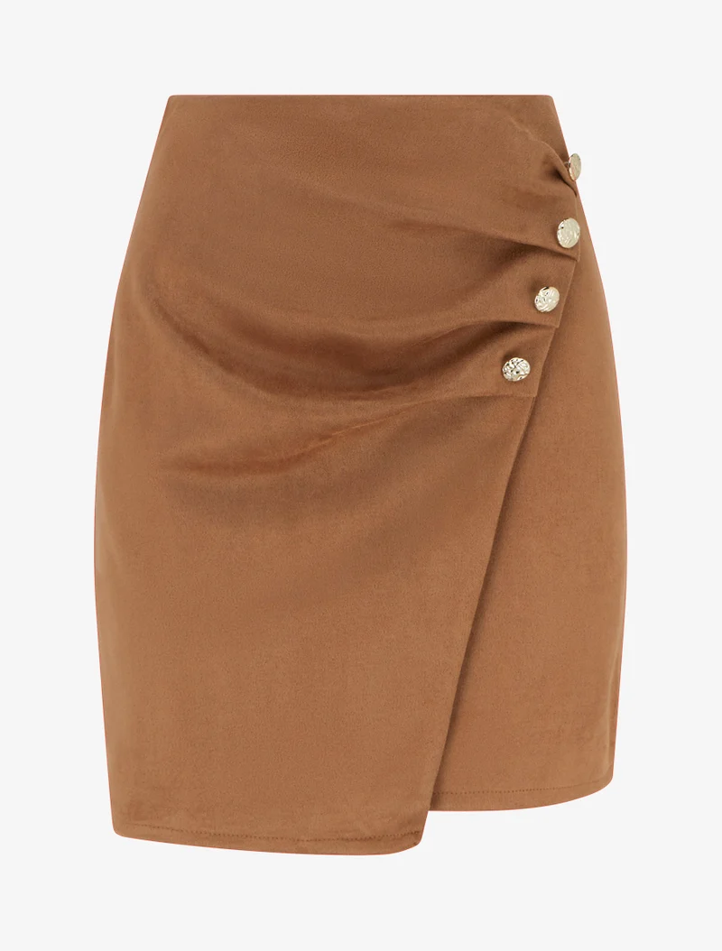 Jupe style portefeuille en suédine à boutons - Camel
