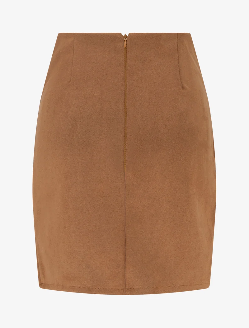 Jupe style portefeuille en suédine à boutons - Camel