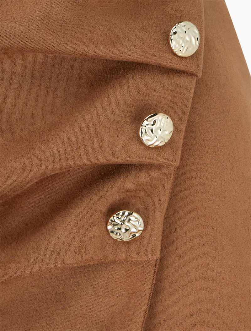 Jupe style portefeuille en suédine à boutons - Camel
