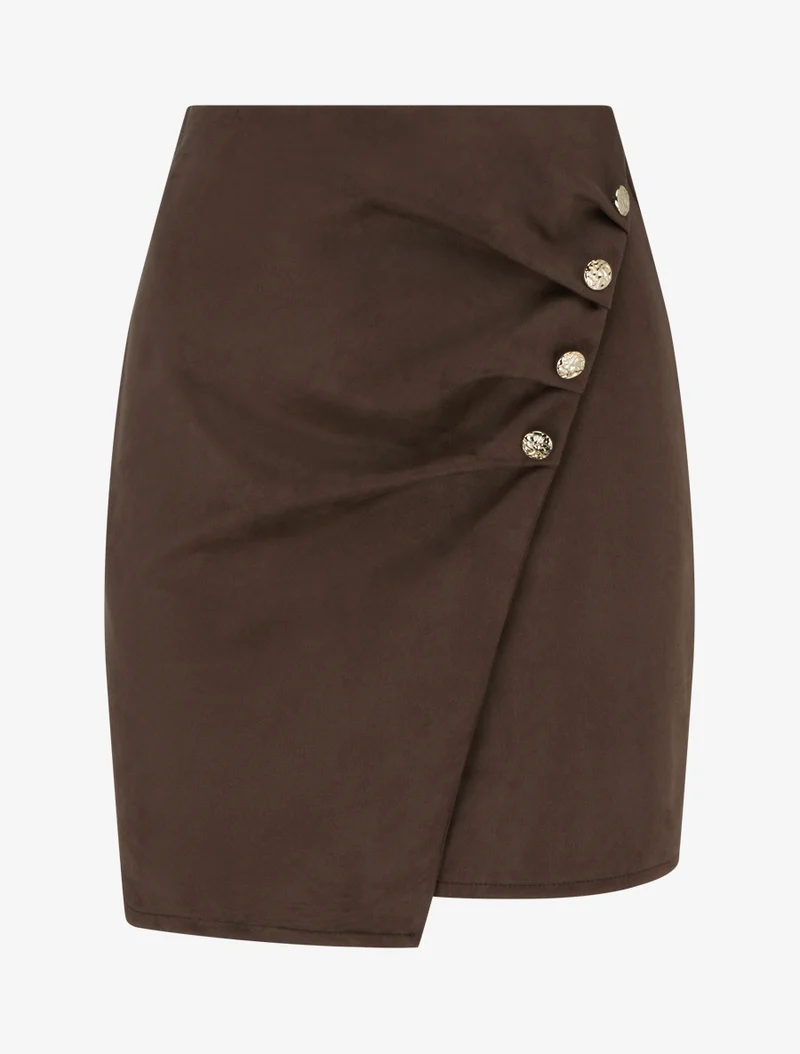 Jupe style portefeuille en suédine à boutons - Marron