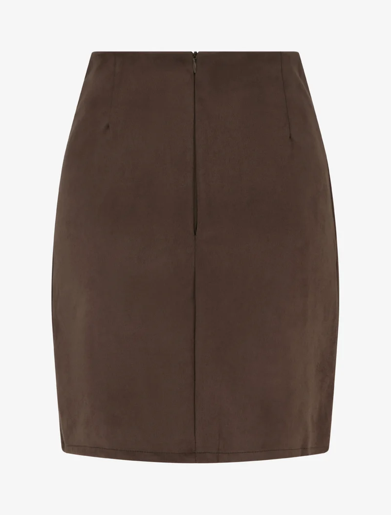 Jupe style portefeuille en suédine à boutons - Marron