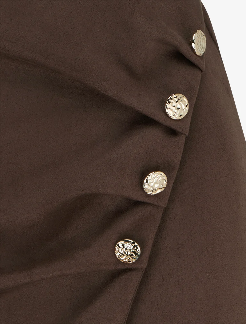 Jupe style portefeuille en suédine à boutons - Marron