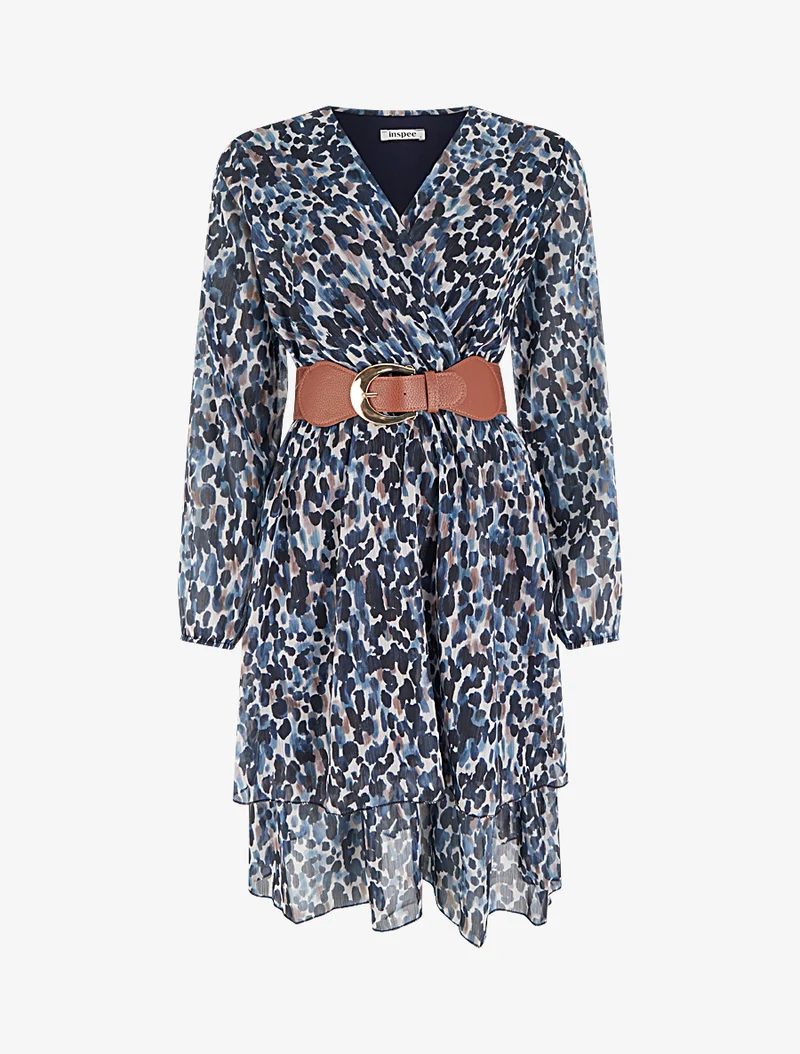 Robe imprimé fantaisie à col cache coeur - Marine