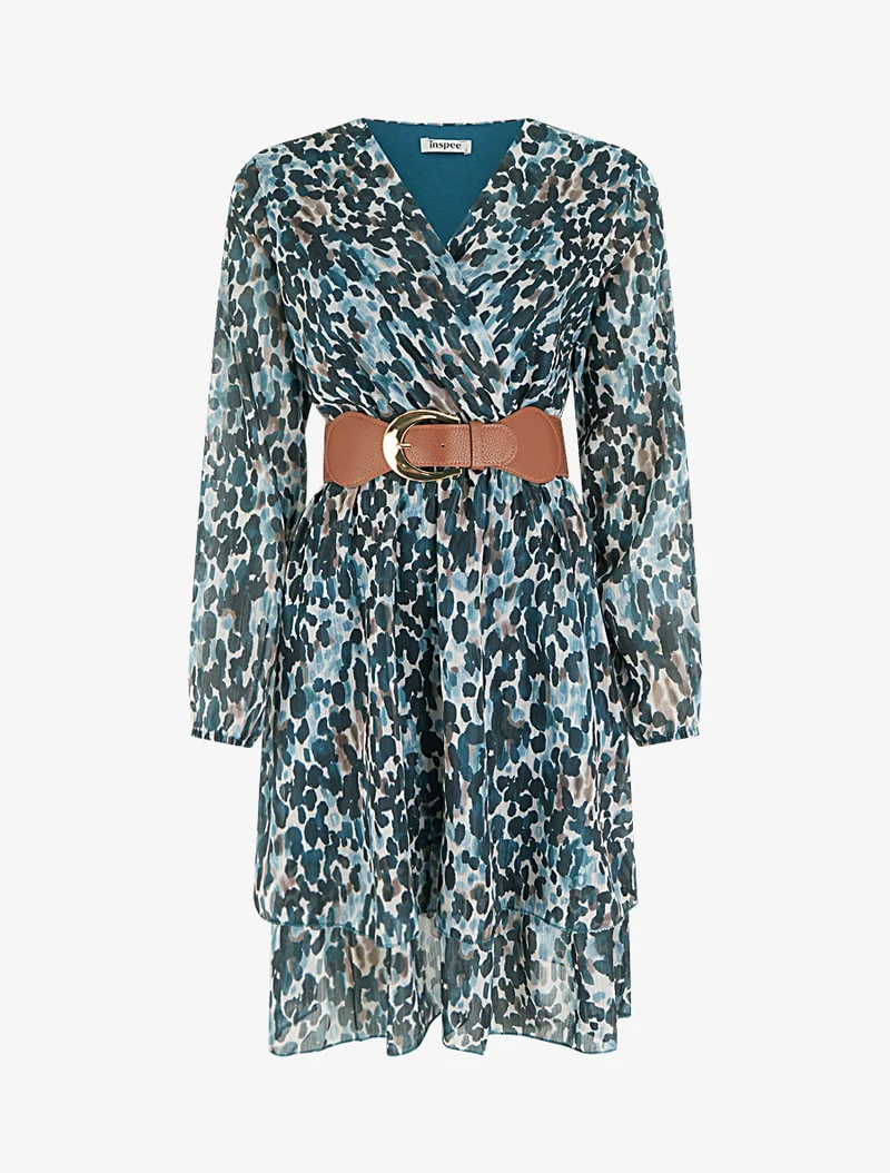 Robe imprimé fantaisie à col cache coeur - Bleu canard