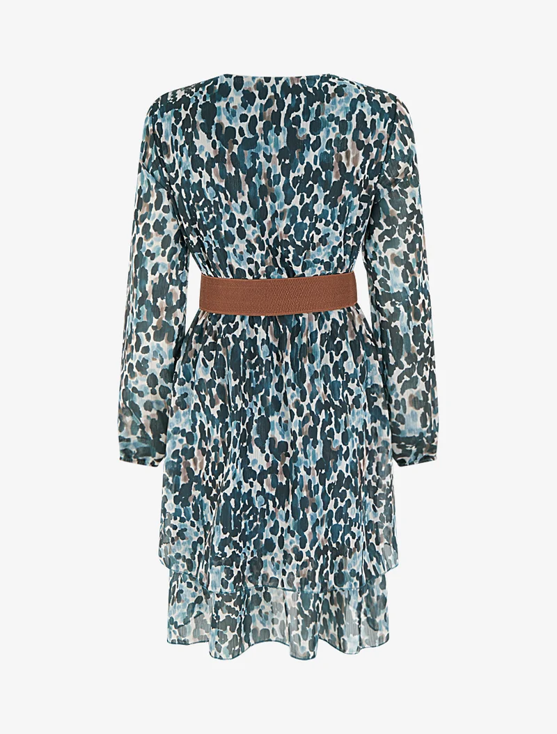 Robe imprimé fantaisie à col cache coeur - Bleu canard