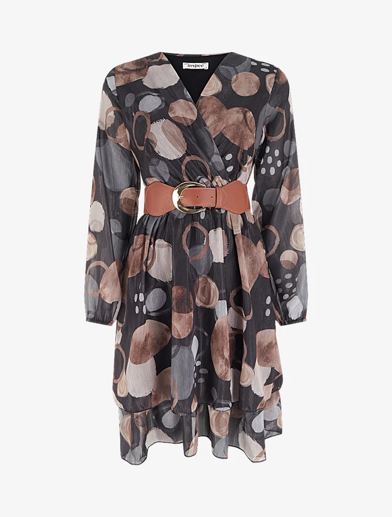 Robe imprimé abstrait à col cache coeur - Noir