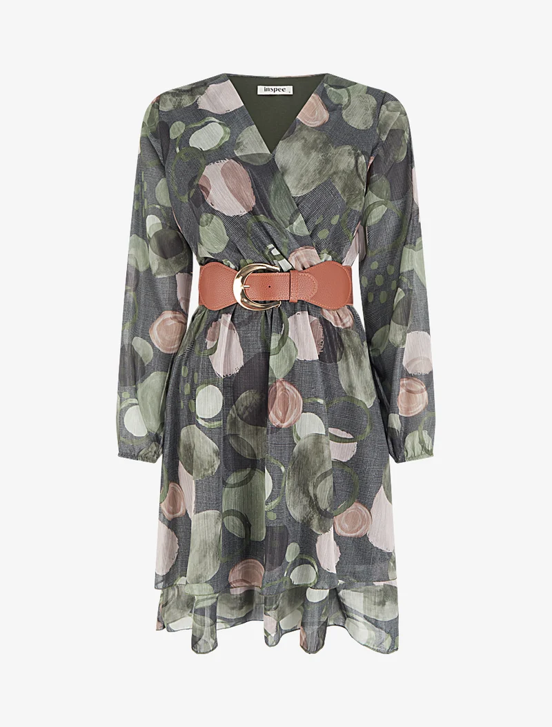 Robe imprimé abstrait à col cache coeur - Kaki