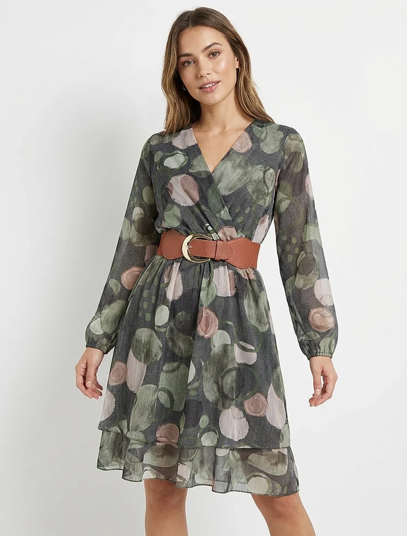 Robe imprimé abstrait à col cache coeur - Kaki