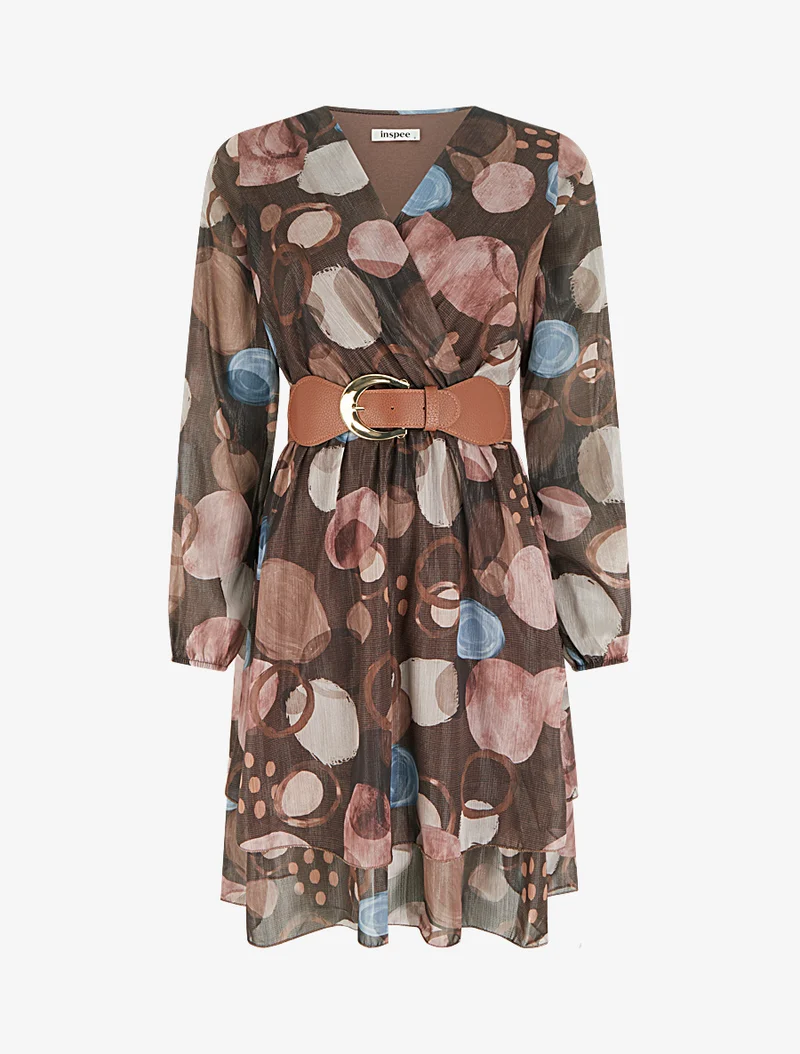 Robe imprimé abstrait à col cache coeur - Marron