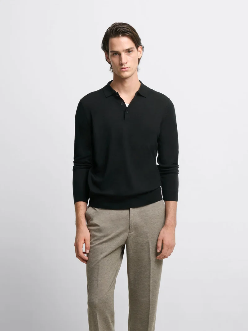 Pull col polo boutonné en laine Mérinos