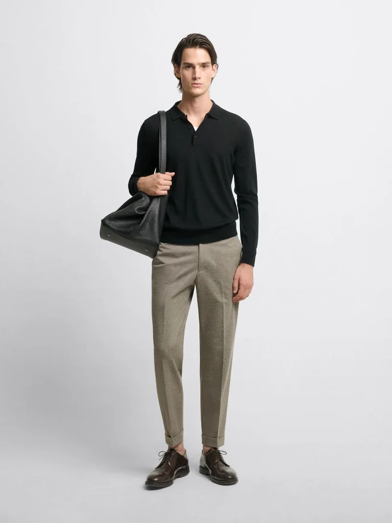Pull col polo boutonné en laine Mérinos
