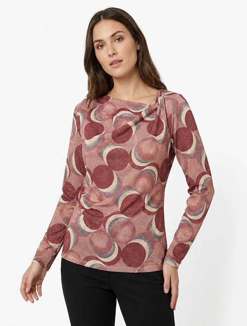 Top droit irisé imprimé ronds fantaisies - Vieux rose