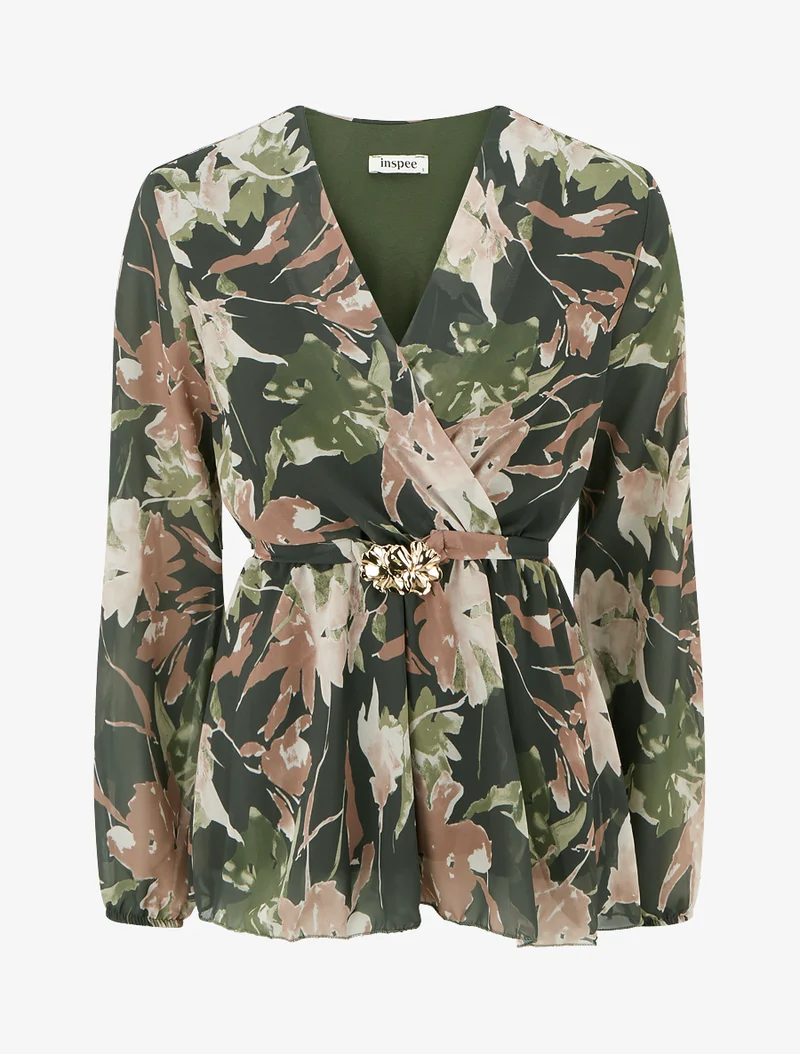 Top cache-coeur imprimé fleurs abstraites à bijou floral - Kaki