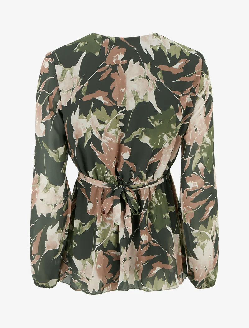 Top cache-coeur imprimé fleurs abstraites à bijou floral - Kaki