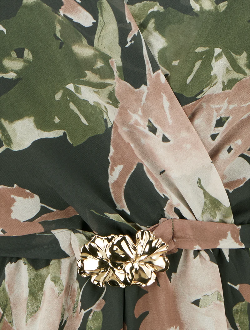 Top cache-coeur imprimé fleurs abstraites à bijou floral - Kaki