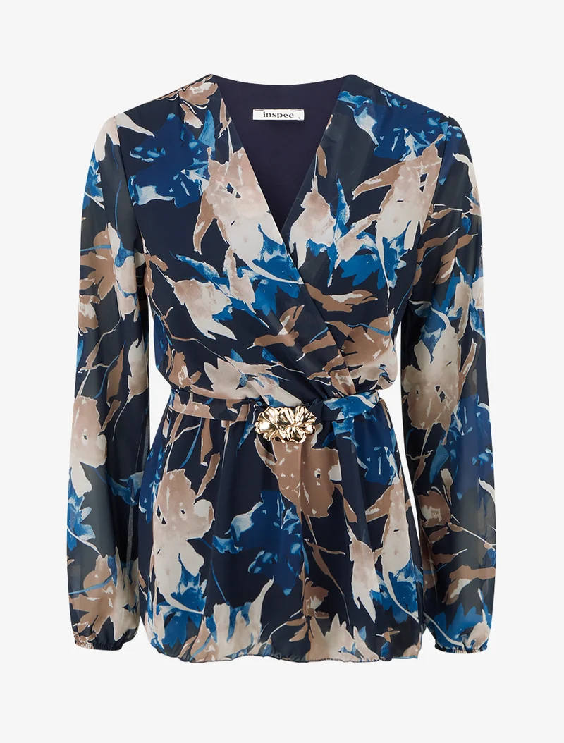 Top cache-coeur imprimé fleurs abstraites à bijou floral - Marine
