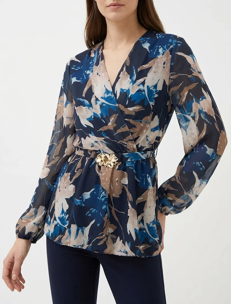 Top cache-coeur imprimé fleurs abstraites à bijou floral - Marine