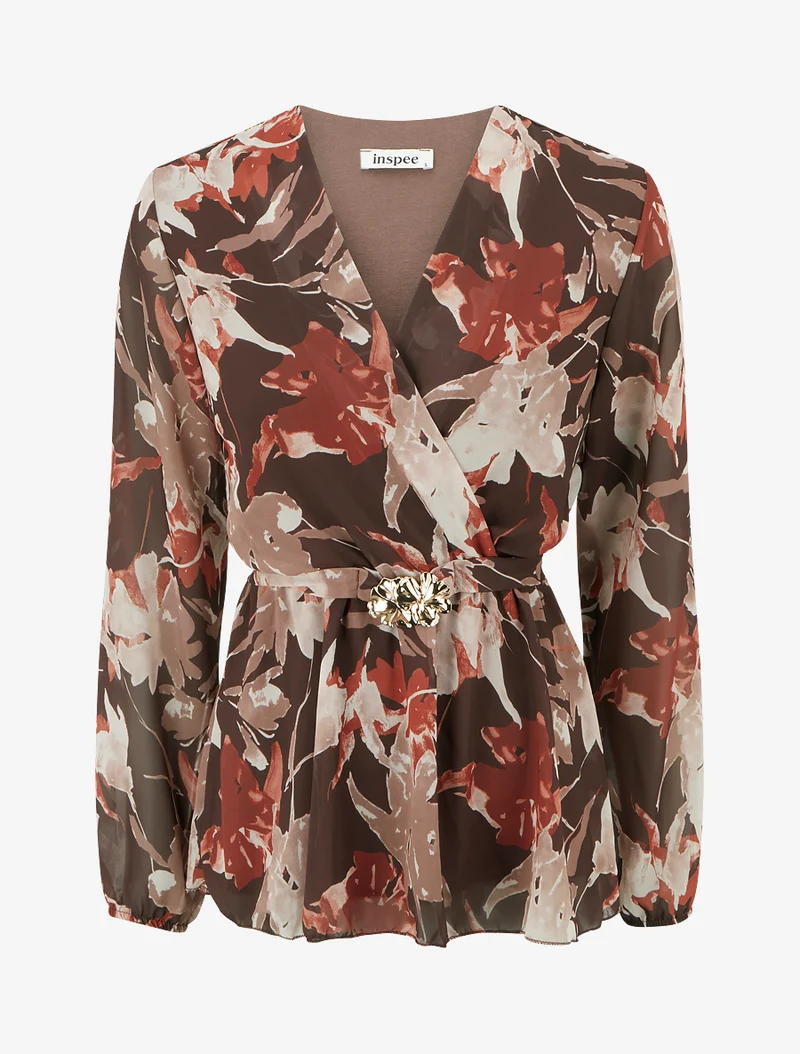 Top cache-coeur imprimé fleurs abstraites à bijou floral - Marron