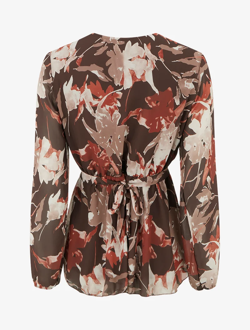 Top cache-coeur imprimé fleurs abstraites à bijou floral - Marron