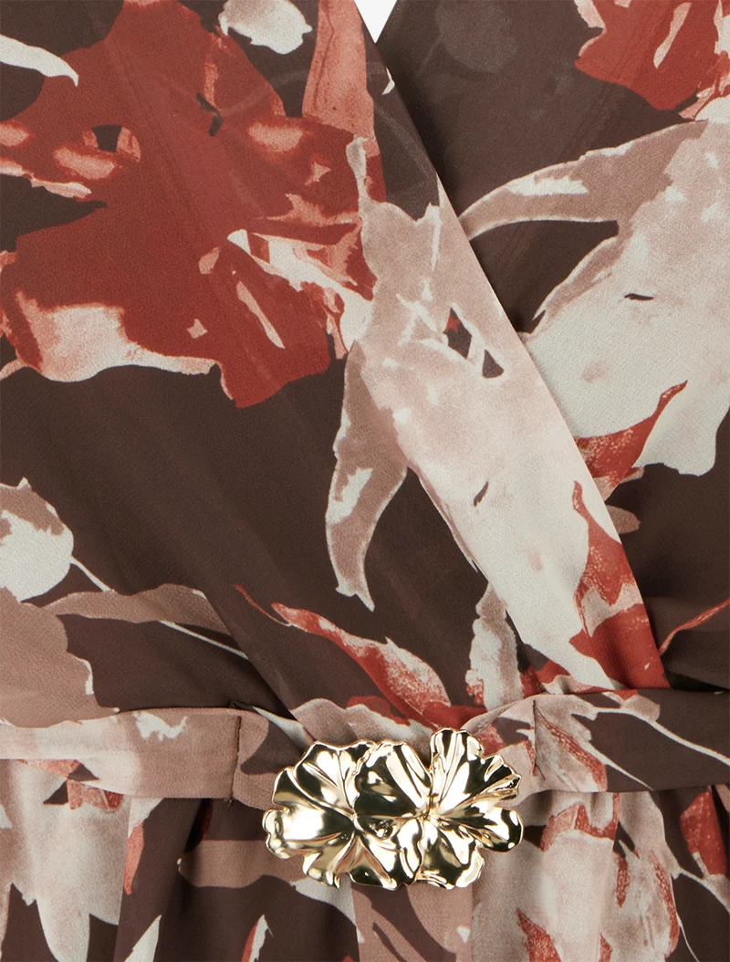 Top cache-coeur imprimé fleurs abstraites à bijou floral - Marron