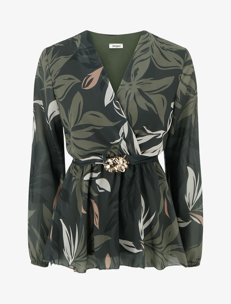 Top cache-coeur imprimé feuillage à bijou floral - Kaki