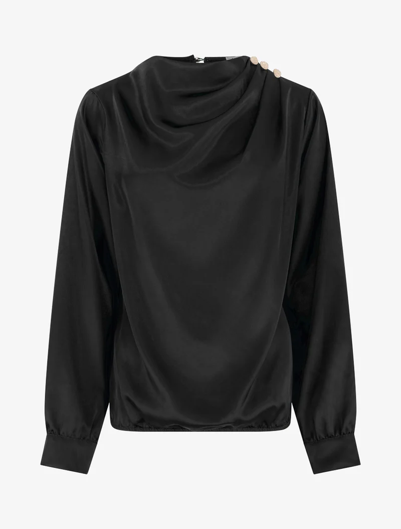 Top boule satiné à col bénitier et boutons - Noir