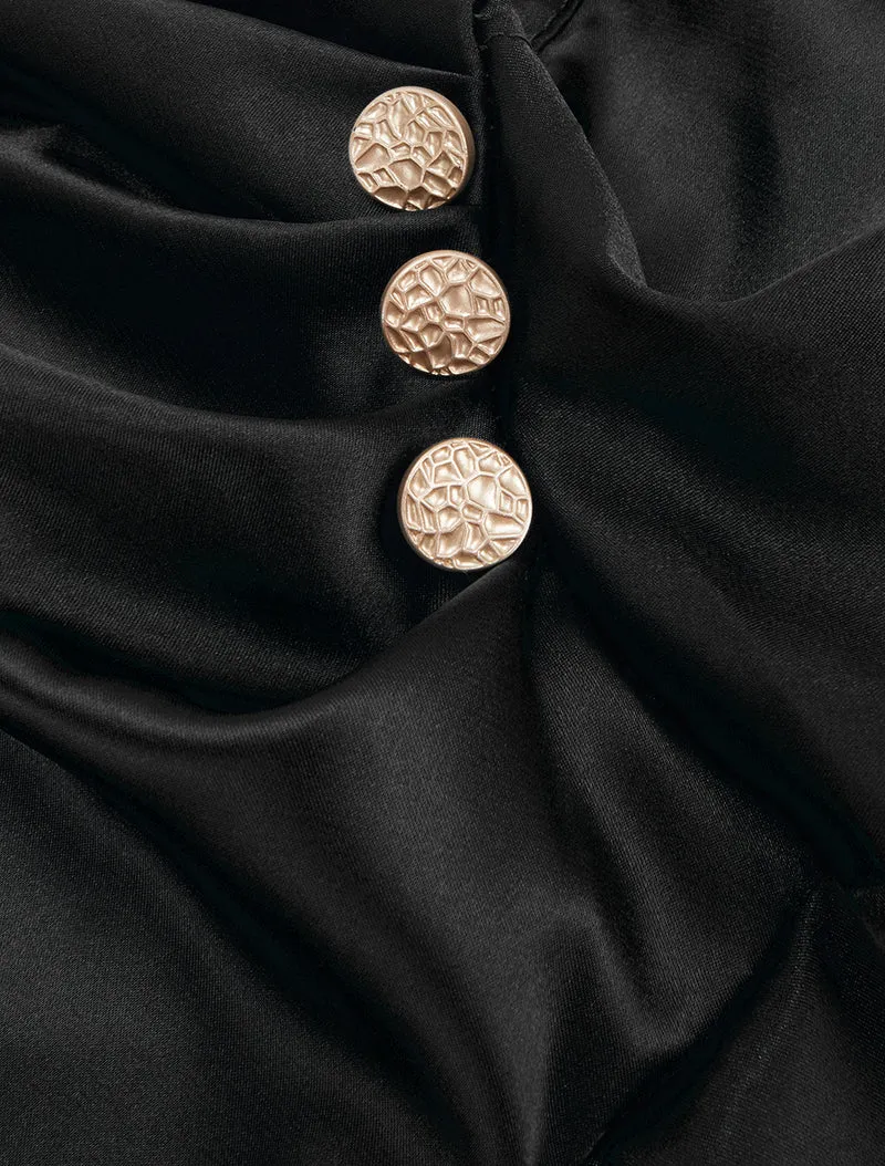 Top boule satiné à col bénitier et boutons - Noir