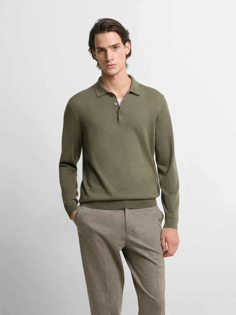 Pull col polo boutonné en laine Mérinos