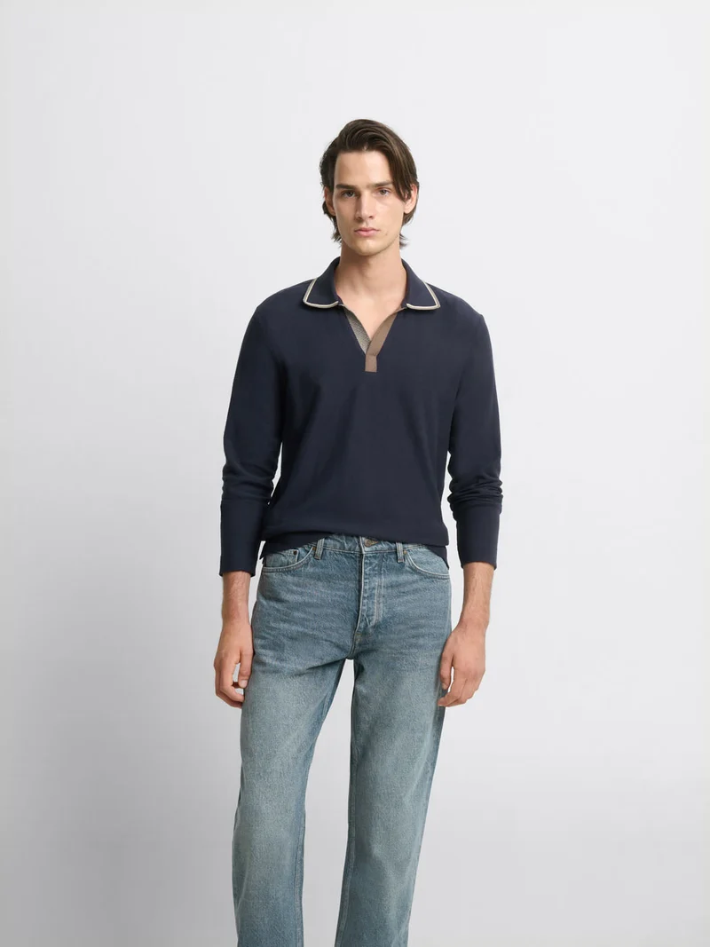 Polo manches longues col derby en coton