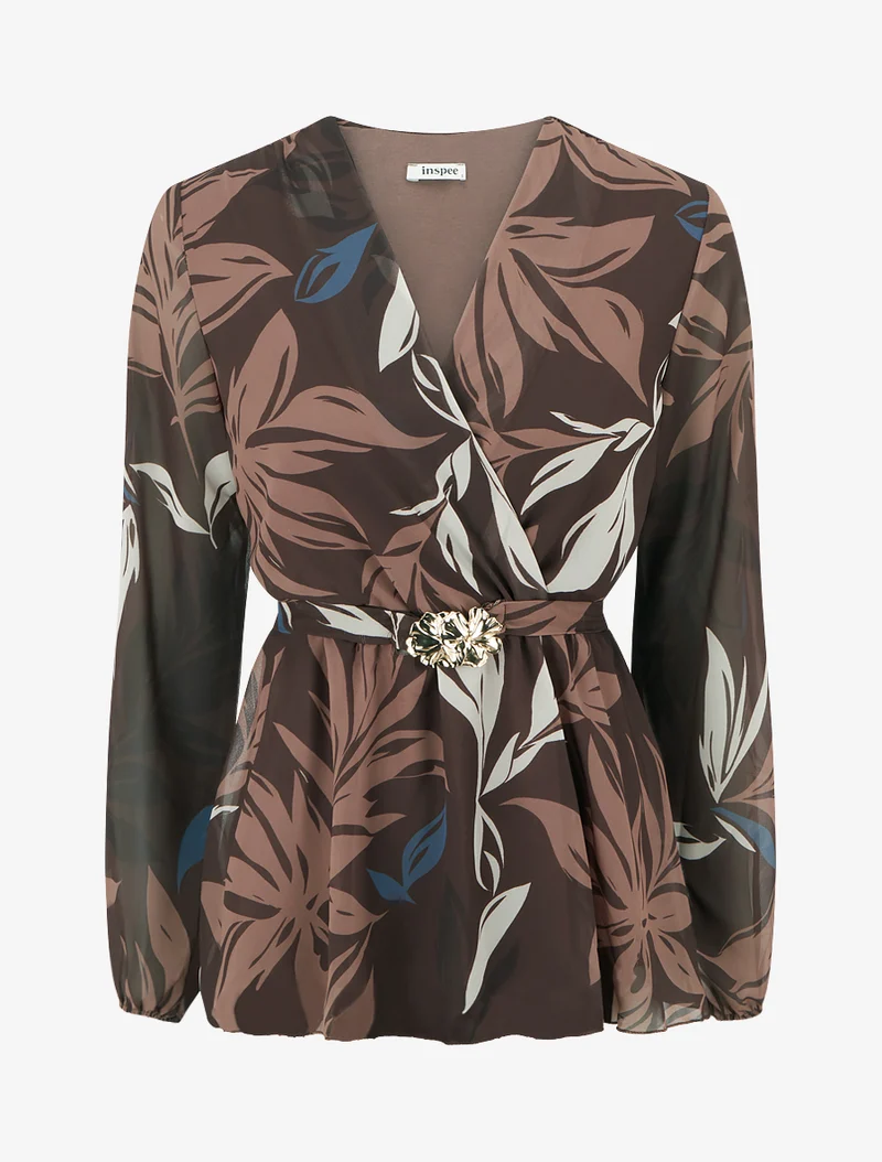 Top cache-coeur imprimé feuillage à bijou floral - Marron