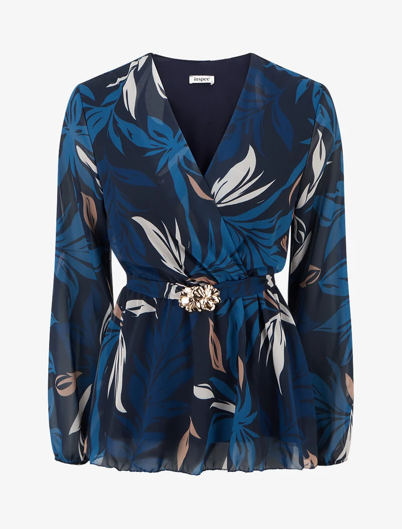 Top cache-coeur imprimé feuillage à bijou floral - Marine