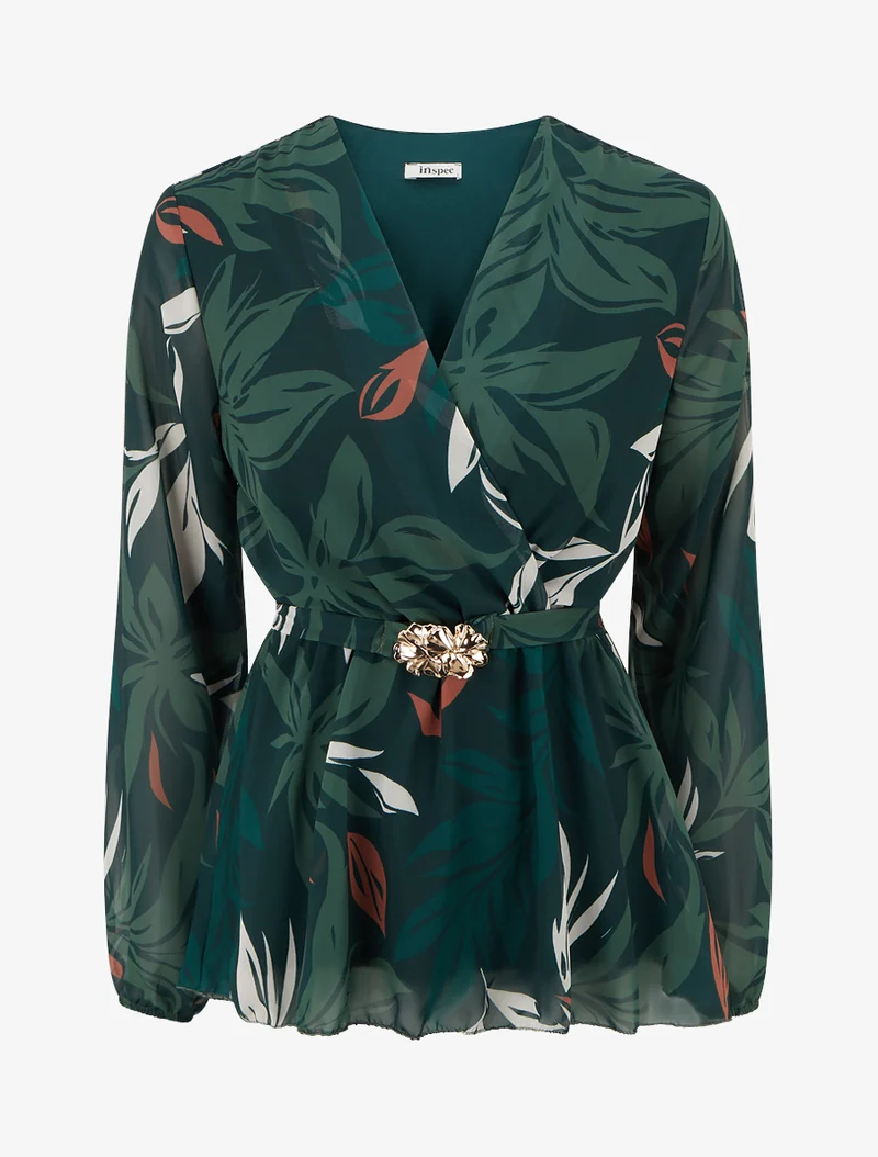 Top cache-coeur imprimé feuillage à bijou floral - Vert foncé