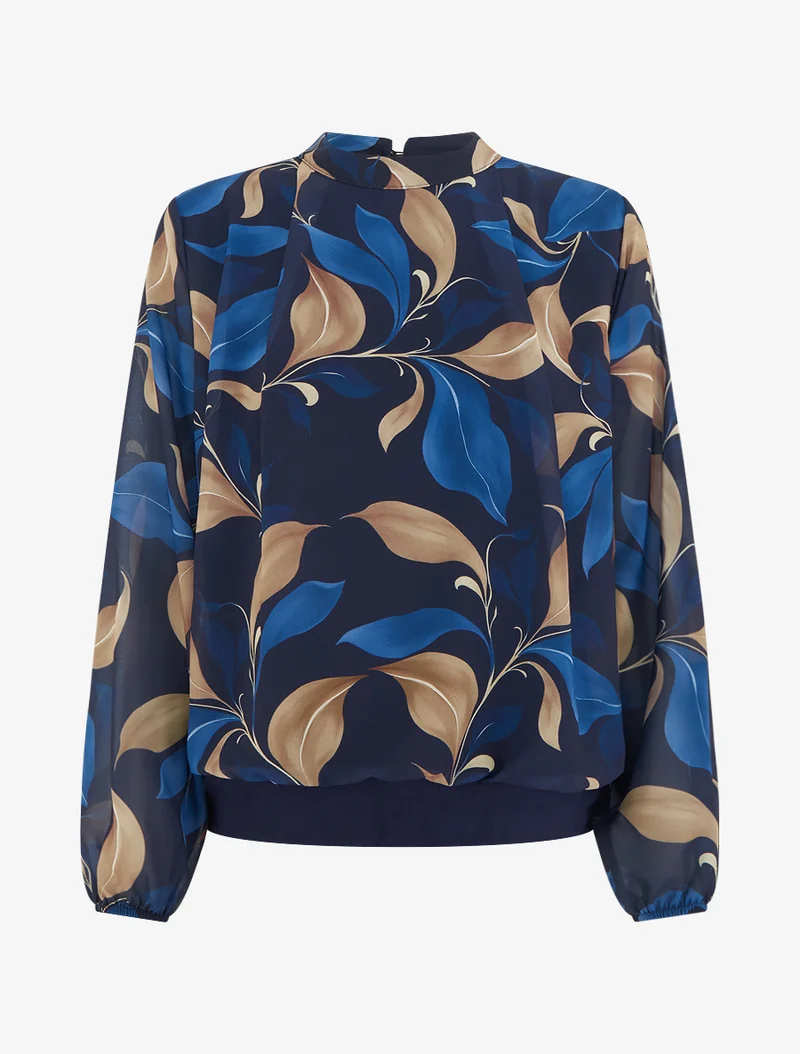 Blouse imprimé feuillage à poignets élastiqués - Marine