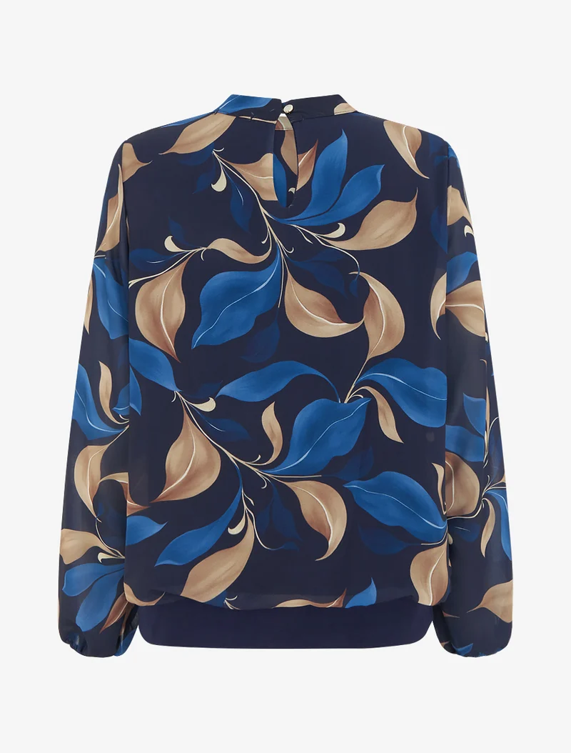 Blouse imprimé feuillage à poignets élastiqués - Marine