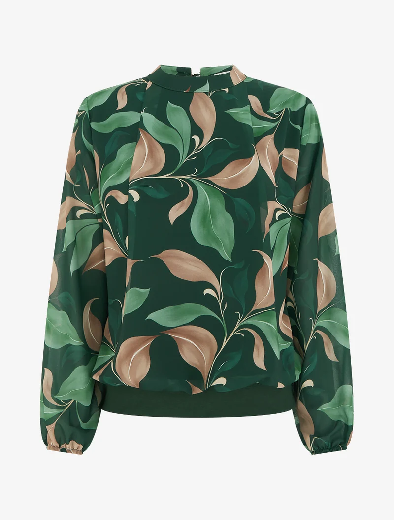 Blouse imprimé feuillage à poignets élastiqués - Vert sapin