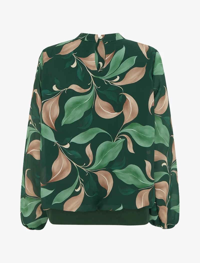 Blouse imprimé feuillage à poignets élastiqués - Vert sapin