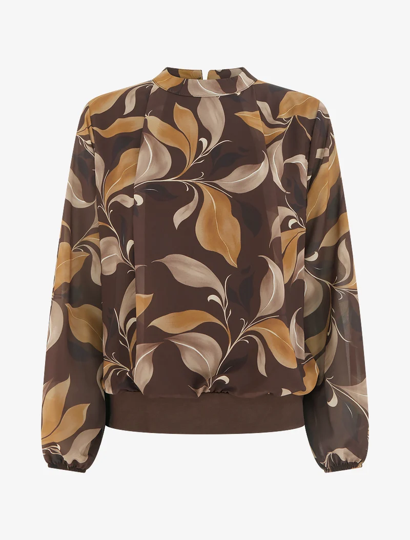 Blouse imprimé feuillage à poignets élastiqués - Marron