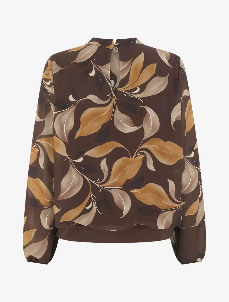 Blouse imprimé feuillage à poignets élastiqués - Marron