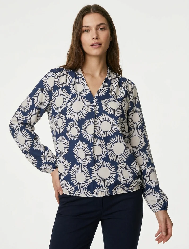 Blouse imprimé fleurs à poignets élastiqués - Marine