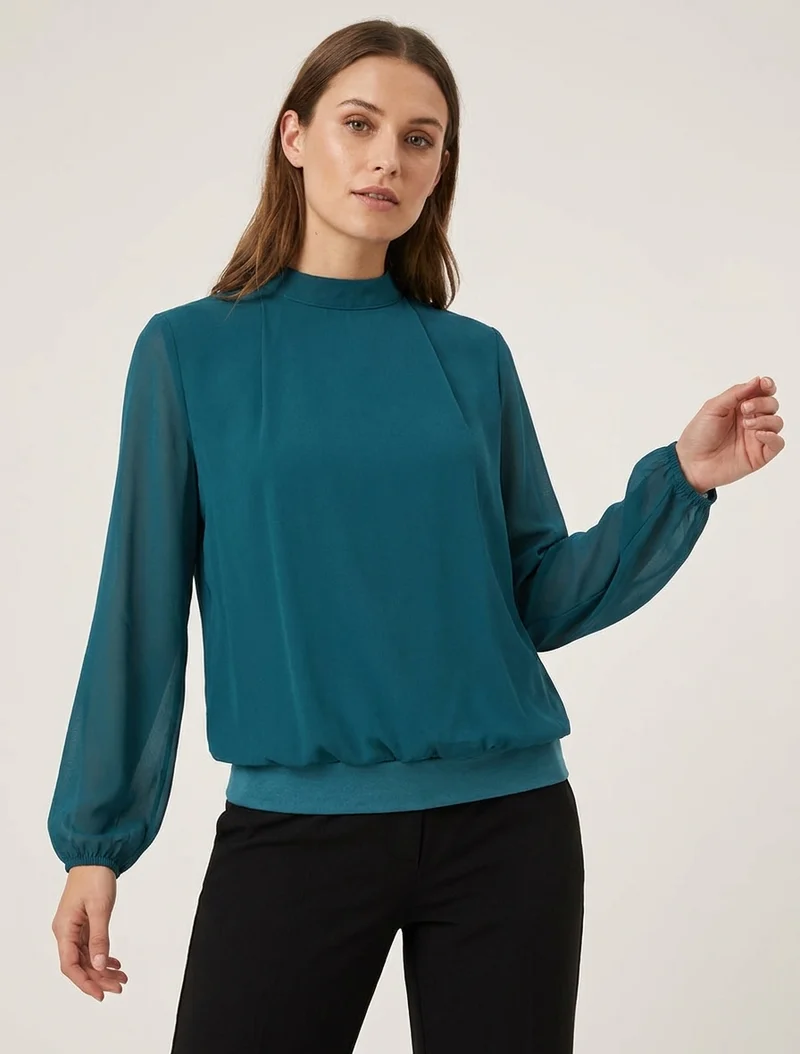 Blouse unie à poignets élastiqués - Bleu canard
