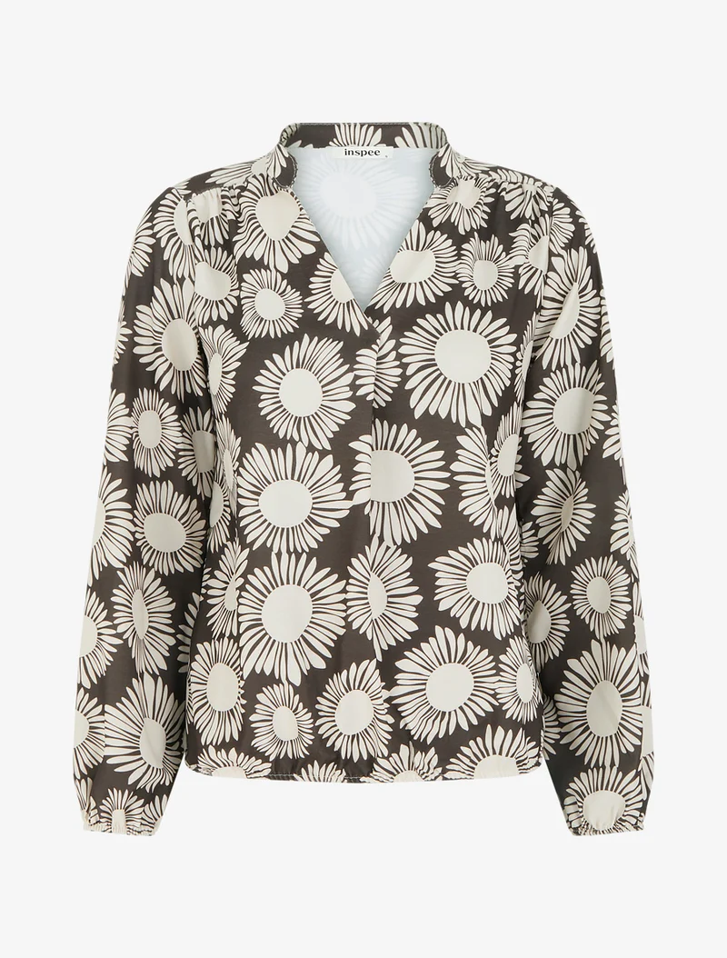 Blouse imprimé fleurs à poignets élastiqués - Marron