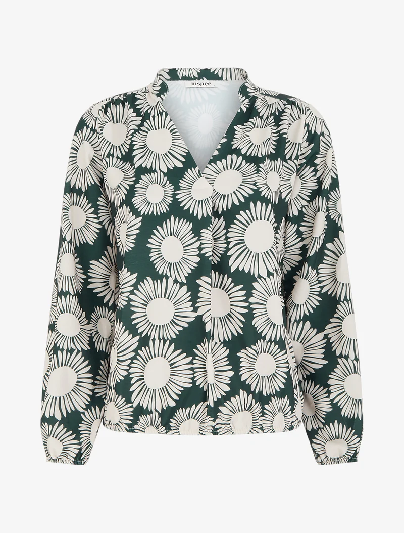 Blouse imprimé fleurs à poignets élastiqués - Vert sapin