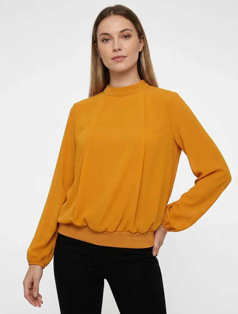 Blouse unie à poignets élastiqués - Jaune moutarde