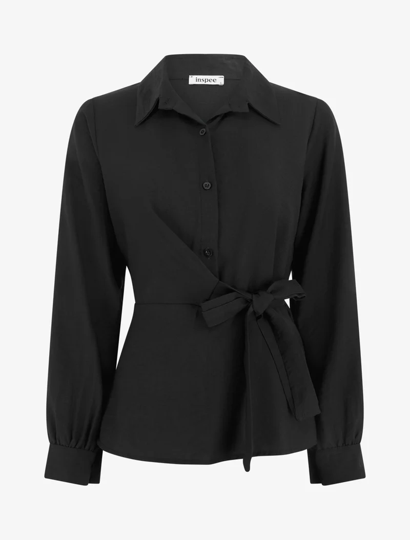 Top manches longues style chemise à nouer - Noir