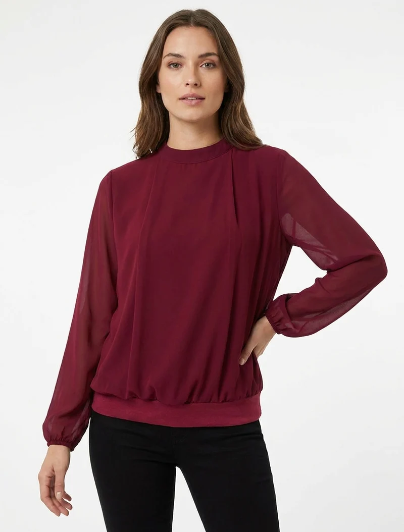 Blouse unie à poignets élastiqués - Bordeaux