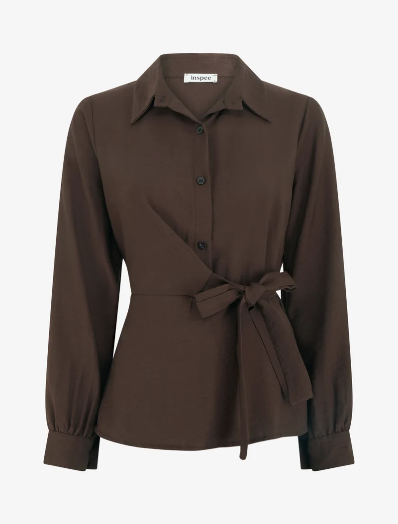 Top manches longues style chemise à nouer - Marron