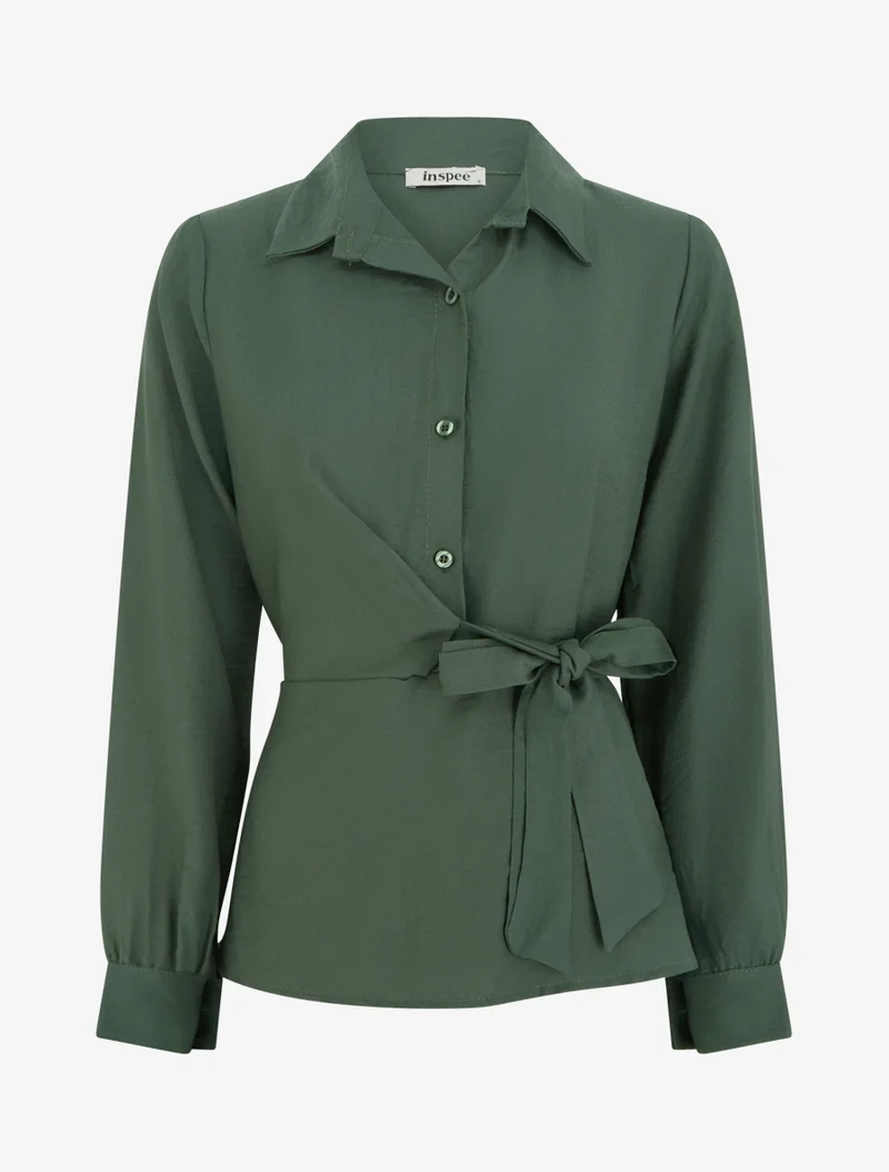Top manches longues style chemise à nouer - Kaki