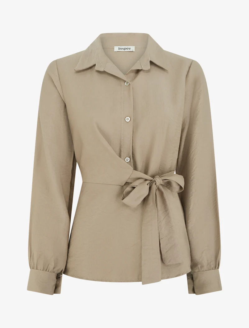 Top manches longues style chemise à nouer - Beige