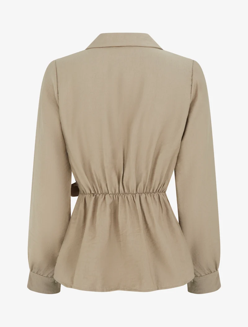 Top manches longues style chemise à nouer - Beige